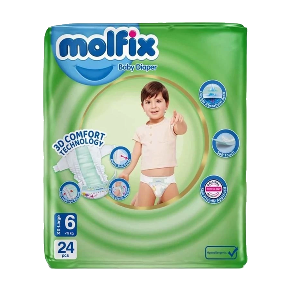 پوشک بچه مولفیکس Molfix سایز 6 خیلی بزرگ مناسب کودکان بالای 15 کیلوگرم بسته 24 عددی